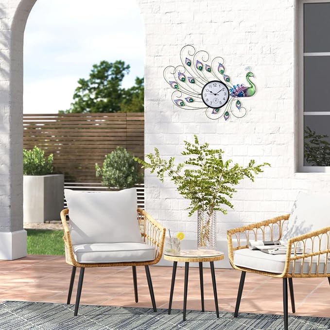 Unique Outdoor Clock Silent None-Ticking, Outdoor Wall Clock with Thermometer, Waterproof Outside Clock for Patio, Living Room, Kitchen (Green & Blue)