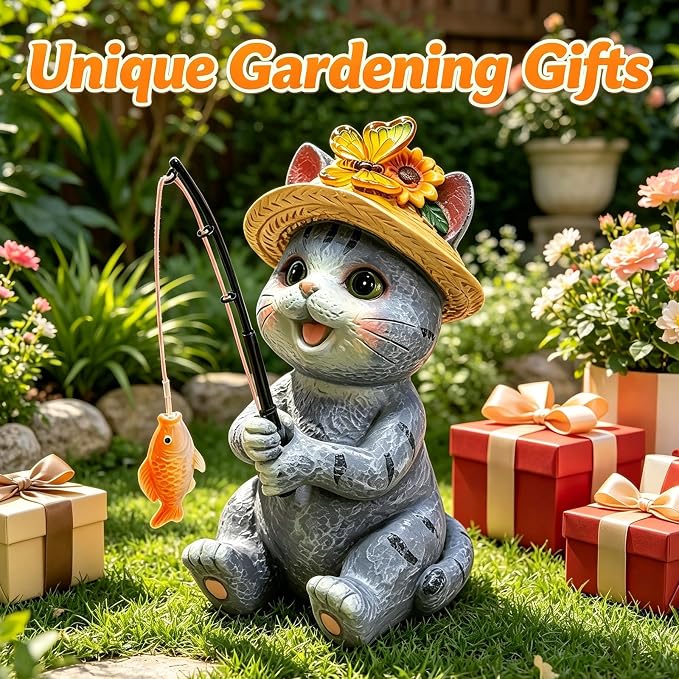VOOKRY Cat Garden Statues, Outdoor Fishing Cat with Solar Lights Waterproof | Birthday Gifts for Cat Lovers Mom Women Christmas, Cat Figurines Garden Decor, Yard Decorations Patio Porch Lawn Ornaments