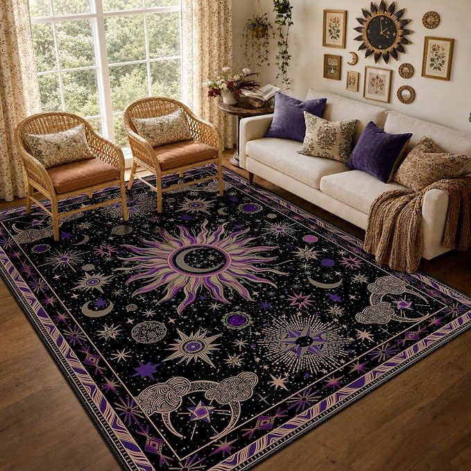 Vacuum-Friendly, 6x9 Washable Area Rug, Black Purple Beige | Sun and Moon Boho Gothic Non-Slip Low Pile Living Roon Bedroom Dining Room Kitchen Entry Entryway Entrance Hallway Doormat
