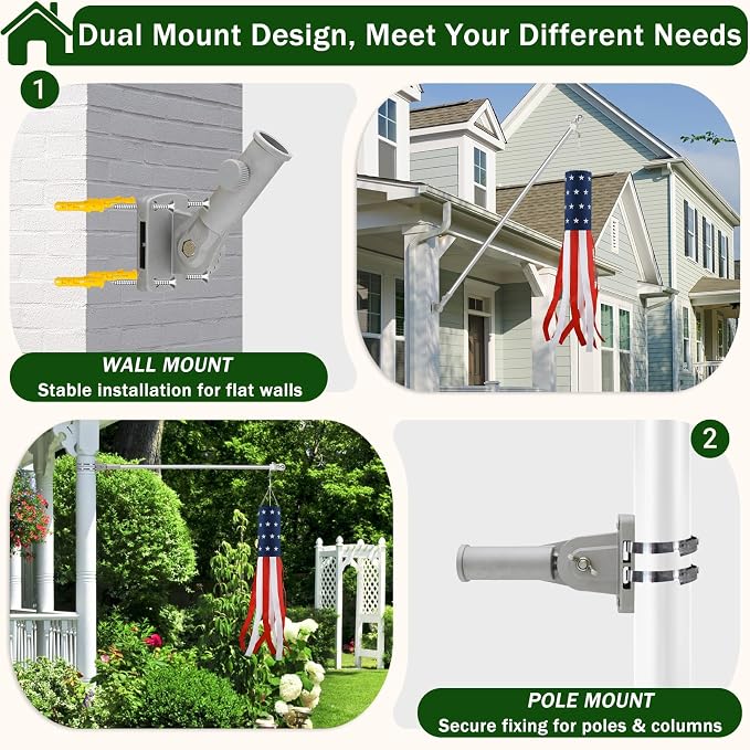 Windsocks Kit for Outside House, 4th of July Decorations US Flag 40 Inch Wind Socks with 6FT Stainless Steel Flagpole with Flag Holder and Rings (Silver)