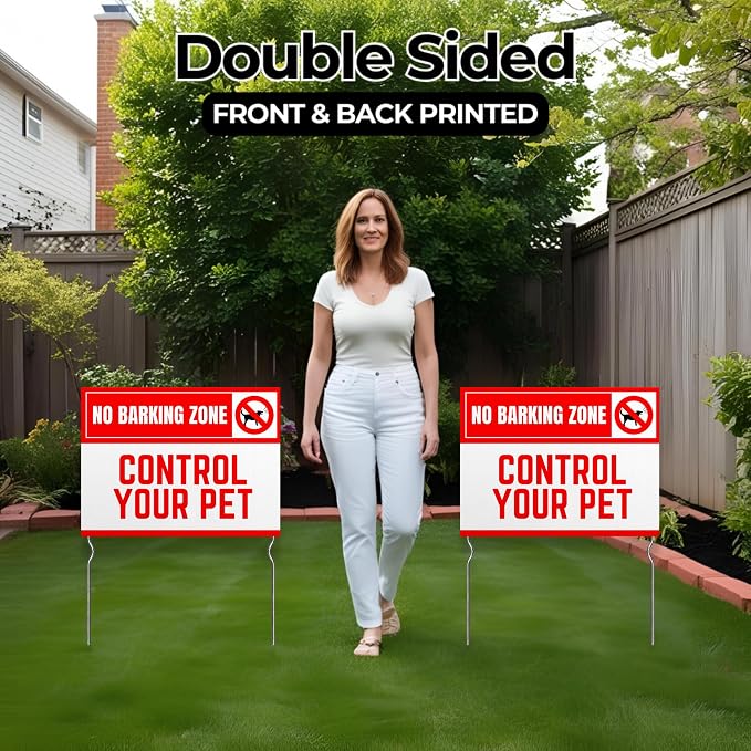No Barking Zone – Control Your Pet! Yard Sign by DC | 24"x18" Double Sided Pets Garden Sign with 13” Metal Stakes | Outdoor Signs Waterproof for Lawn, Patio, Sidewalk & House | Set of 4 | Made in USA