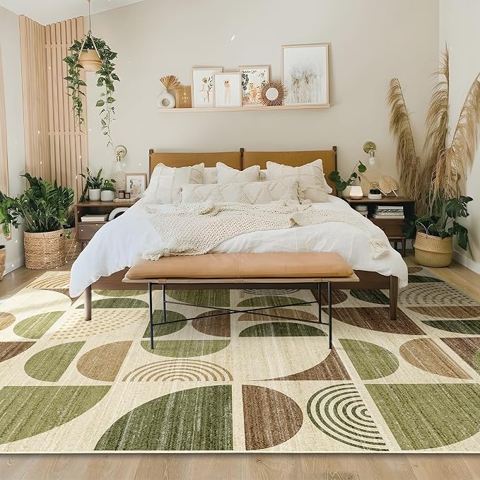 Washable Rug 8x10,Large Area Rugs Non Slip Modern Abstract | Throw Carpet for Living Room Bedroom Bedside Dining Room Boho Soft Low Pile Floor Indoor Bohemian Vintage Green and Brown