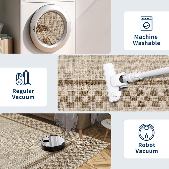 GarveeHome Washable Area Rugs 10x13 Non Slip Soft Large Living Room Rug | Modern Checkered Bedroom Rug Soft Geometric Bordered Throw Carpet for Dining Room Home Decor Office Nursery, Taupe