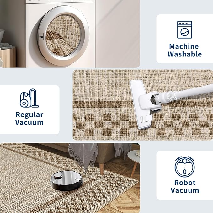 GarveeHome Modern Bordered 8x10 Washable Area Rugs for Living Room Bedroom | Soft Large Bedroom Throw Carpet Non Slip Checkered Geometric Rugs for Dining Room Home Decor Office, Taupe