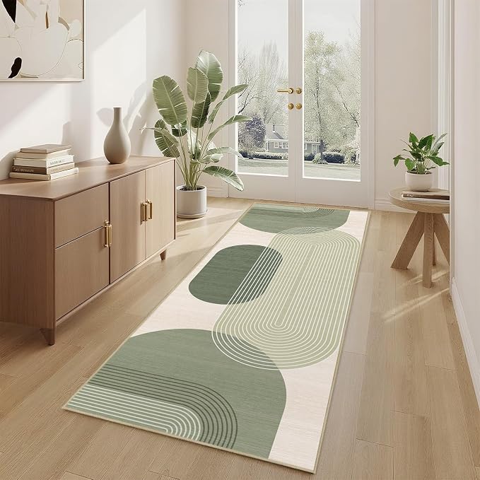 Boho Runner Rug 2x6 for Hallway Kitchen Bedroom,Bohemian Runner Rugs Washable Modern Geometric Rug Non-Slip Printed Low Pile Long Floor Carpet Mat for Bedroom Laundry,Green