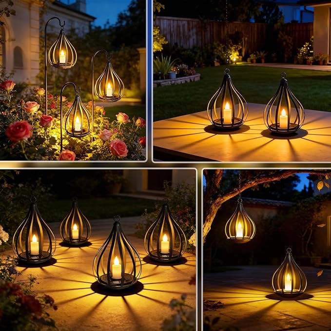 Solar Lanterns Outdoor Waterproof, Solar Lights Outdoor with Flickering Flameless Candle, Garden Decor Gifts for Women Mom Grandma, Hanging Solar Lights for Patio, Porch, Backyard, 4 Pack