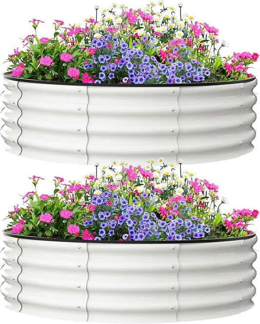 Garvee Galvanized Raised Garden Bed, 2Pcs Raised Garden Beds Outdoor, Round Planter Raised Beds with Gloves and Rubber Edge Trim for Vegetables, Flowers and Herbs, 2x2x1 FT, White