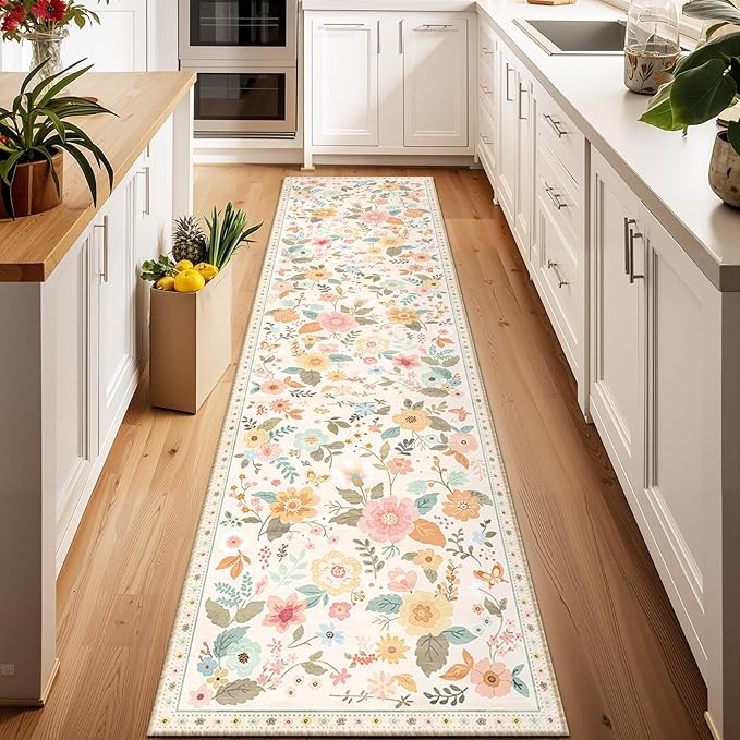 Floral Washable 2x8 Area Rugs Runner Entryway Hallway Beige/White/Orange | Flower Carpet, Print, Boho, Non-Slip, Easy to Clean, Low Pile, Soft, for Living Room Bedroom Kitchen Office Entrance