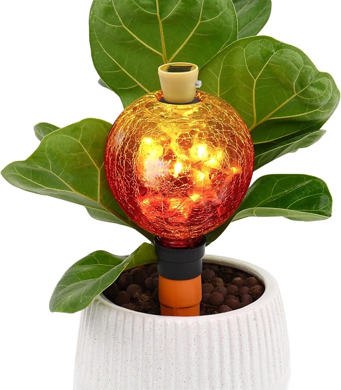 VOREEN Crackle Glass Plant Watering Globe with Terracotta Spike,Self-Watering Irrigation for Potted Plants, with Solar Accent Light for Indoor & Outdoor Décor, 17oz, Gold–Red Gradient