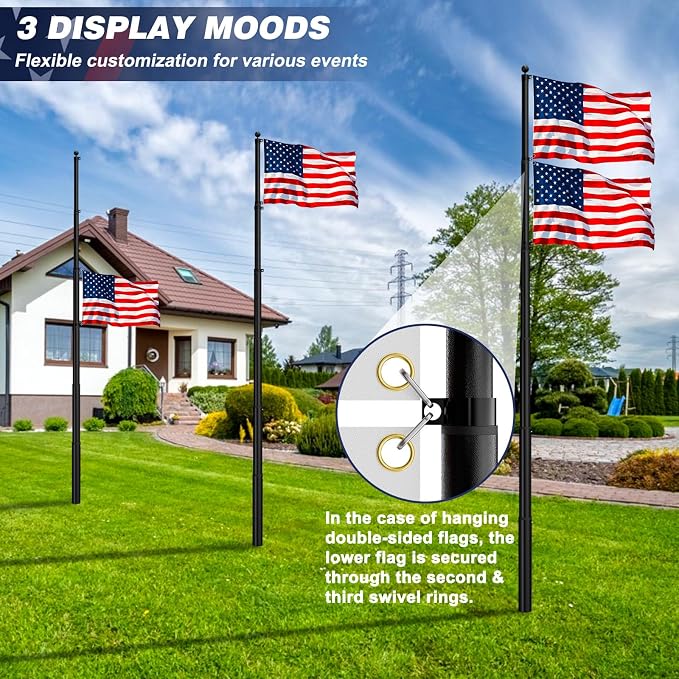 HAYOHRT 20FT Telescopic Flag Pole 12 Gauge Extra Thick Telescoping Flagpole with 3x5 American Flag Can Fly 2 Flags for Outside House In Ground 100MPH Wind Tested Freedom Edition Residential Pole