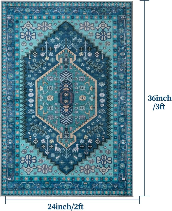 Ciicool 2x3ft Small Area Rug,Washable Boho Thin Mat for Entryway Kitchen | Oriental Non-Slip Low-Pile Indoor Teal Carpet Entry Rugs for Entrance Bedroom Kitchen Bathroom Foyer Decor