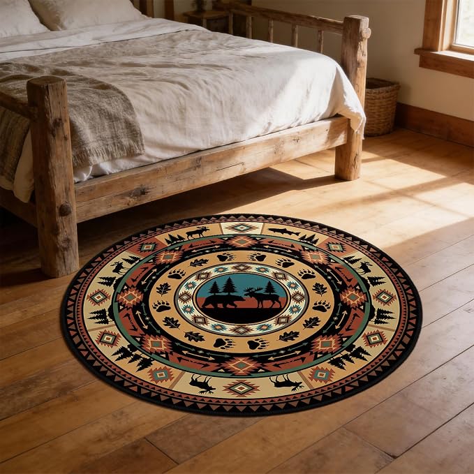 3ft Round Southwestern Tribal Area Rug Rustic Cabin Rug Lodge Decor | Secure non-slip backing and stain-resistant finish for effortless maintenance in any mountain-inspired space.