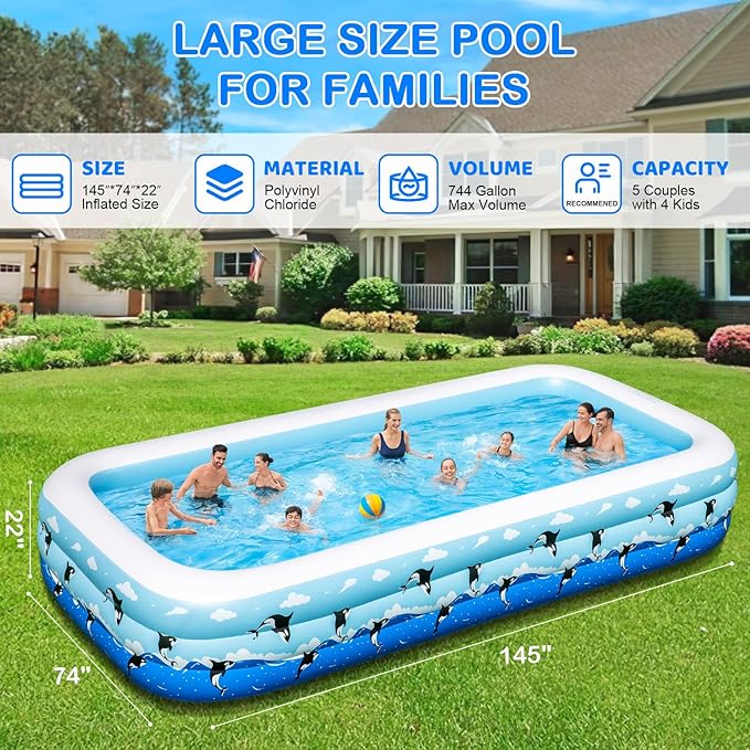 Inflatable Pool 145" x 74" x 22" Large Swimming Pool for Adults & Kids, Oversized Blow Up Pool for Family, Durable Thickened Backyard Kiddie Pool for Outdoor, Garden