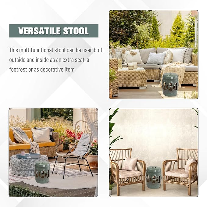Outsunny 14" x 17" Ceramic Garden Stool with Double-Coin Knotted Ring Design & Strong Glazed Material, Decorative Outdoor Stool, Home Collection, Green