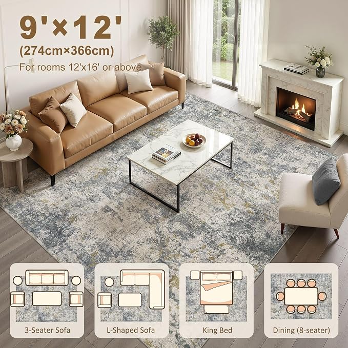 kakania Washable 9x12 Area Rug for Living Room: Abstract Modern Home Decor | Soft Stain Resistant, Low-Pile, Non-Slip, Pet & Kid Friendly, Thin Rug for Bedroom/Dining Room/Kids Dorm - Blue Grey