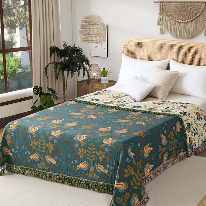 Phuryllic Boho Throw Blanket Twin Size, Soft Cozy Cotton Muslin Quilt Blanket for Bed Decor, Bird Patterned Couch Sofa Chair Cover, Vintage Farmhouse Cottage Tapestry Woven Blanket, Green&Beige