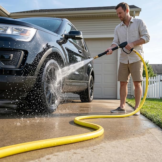 Lead-in Yellow Short Garden Hose 3/4 in. x 10 ft. -No Kink, Leak Free, Flexible, Male to Female Fittings -Heavy Duty Lightweight PVC Water Hose -150PSI Work & 500PSI Burst, for Reel Cart & Outdoor Use