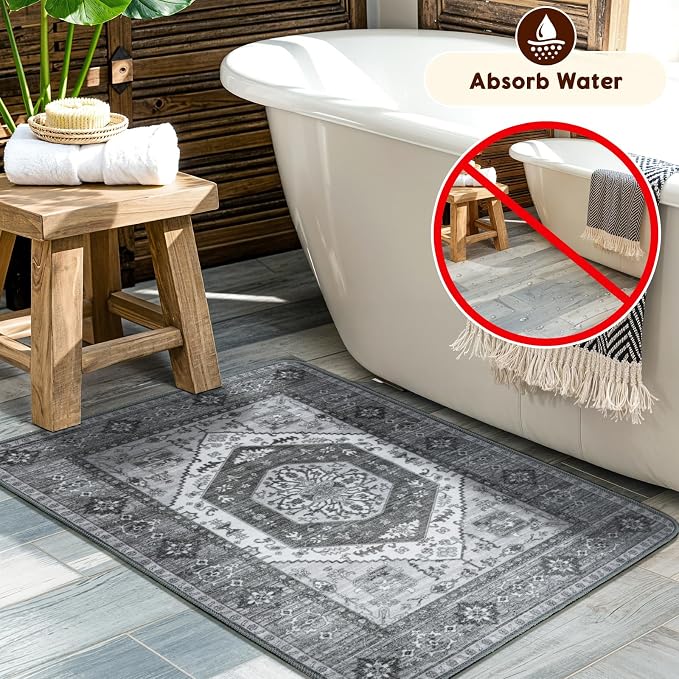 LBRO2M Machine Washable Rug Soft Pet Friendly Carpet 3X5 Dark Gray | Persian Throw Rug 3X5 for Entryway, Kitchen, Bathroom Non Slip Carpet, Foldable Stain Resistant Rugs