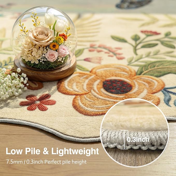 FMFUNCTEX 4x5 Washable Beige Floral Vintage Scalloped Area Rug for Entryway | Flower Colorful Traditional Boho Non Slip Low Pile Cottage Indoor Carpet Entrance Soft Rug Living Room Bedroom Kitchen Office