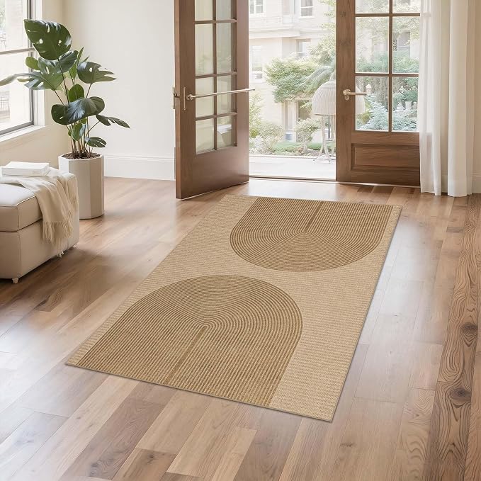 Easy Jute Rug 3x5 Outdoor: Natural Area Rugs for Patio Linen-Look Fabric Durable - Neutral Washable Carpet Mat for Entryway Bedroom Kitchen Non-Slip - Geometric Arch Pattern