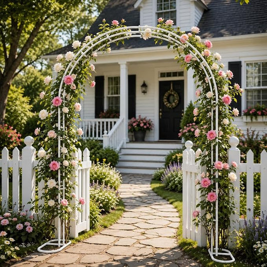 Metal Garden Arch, 98.5" W x 90.5" H Heavy Duty Metal Garden Arch Trellis for Climbing Plants (White, Arch)