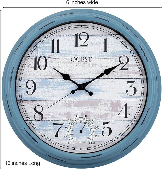 OCEST 16 Inch Indoor Outdoor Clock, Waterproof Large Wall Clock with Thermometer, Silent Non-Ticking Battery Operated Decor for Patio Pool Porch Garden Garage（Blue）
