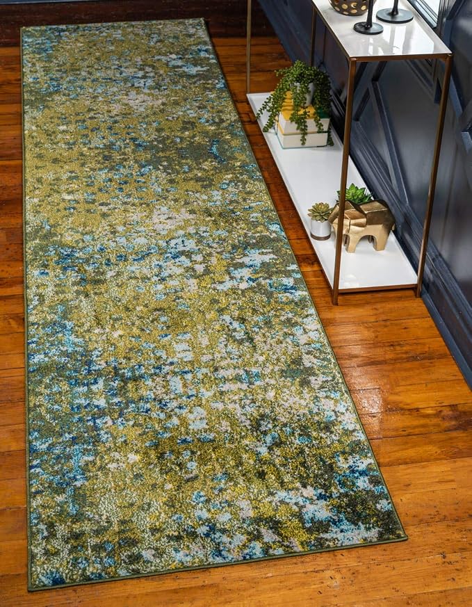 Unique Loom Jardin Collection Colorful, Vibrant, Abstract, Modern Area Rug (2' 7 x 10' 0 Runner, Green/ Olive)