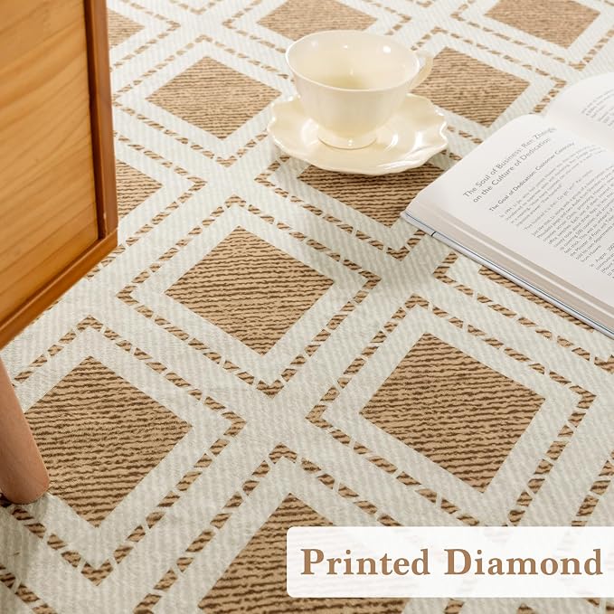 LBRO2M Machine Washable Rug Soft Pet Friendly Carpet 8X10 Brown | Checkered Rug 8X10 for Living Room, Bedroom, Dining Room, Home Office, Non Slip Carpet, Foldable Stain Resistant Rugs