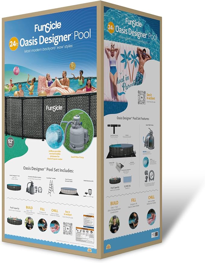 Funsicle Oasis Designer 24' x 52" Round Above Ground Swimming Pool, with 12" Sand Filter Pump, Ladder, Maintenance Kit, Cover, Ground Cloth & Repair Patch, Dark Herringbone | With 12" Sand Filter Pump, Ladder, Maintenance Kit, Cover & Repair Patch, Dar...