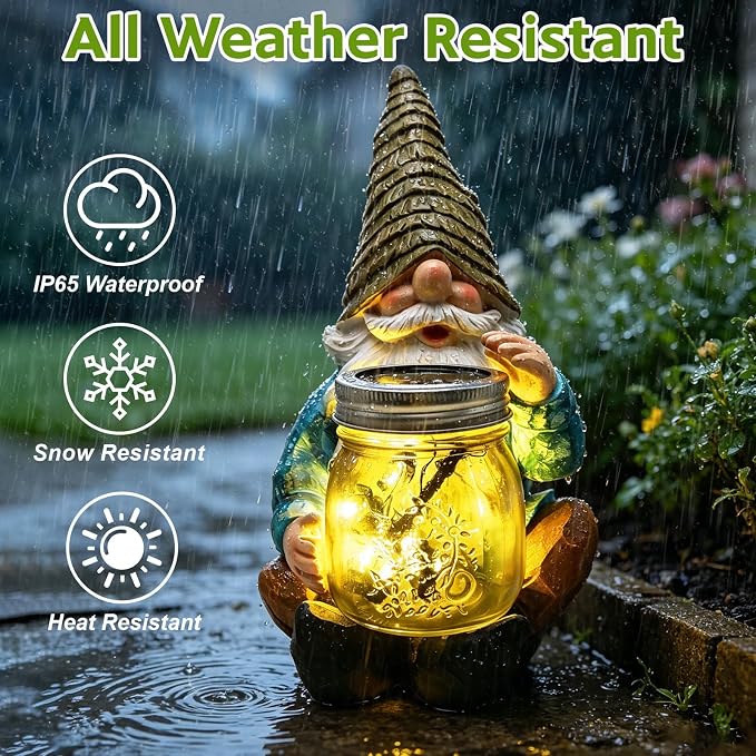 VOOKRY Solar Garden Gnome Statues, Outdoor Gnome with Firefly Solar Lights | Birthday Gifts for Mom Women Christmas Mother's Day, Garden Figurines for Yard Decor Patio Porch Lawn Ornaments