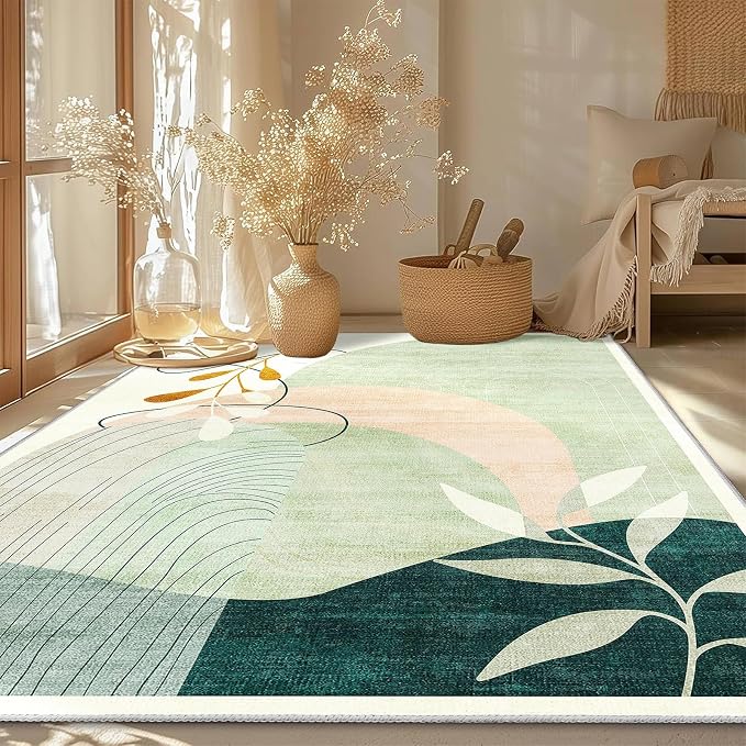 5x7 Area Rugs Washable Low Pile Non Slip Mid Century Modern Large | Machine Washable Throw Carpet for Living Room Bedroom Office Dining Room Indoor Boho Abstract Retro Geometric Green