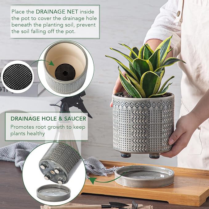 Indoor-Outdoor Ceramic Plant Pots: 6 Inch Flower Pots with Drainage Hole & Saucer - Decorative Ceramic Pots for Plants Herbs Succulents - Home Garden Patio Lawn Use