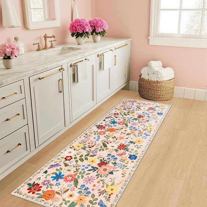 PLHXFR 2x6 Washable Runner Rug：Floral Indoor Kitchen Soft Carpet Beige | For Hallway Bedroom Kitchen Laundry Bathroom Dorm,Vintage Floral,Machine washable,Non Slip,Stain Resistant,Indoor Floor