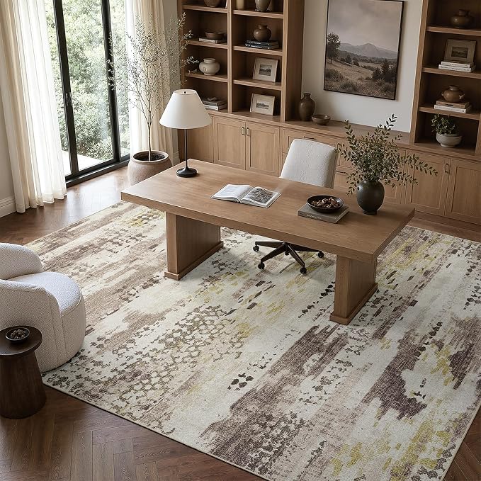 DCX Washable Abstract Area Rug 5x7, Non Slip Low Pile Rug, Brown | Easy to clean, non-shedding, soft, kid & pet friendly, with a non-slip rubber backing for living rooms, bedrooms, and offices