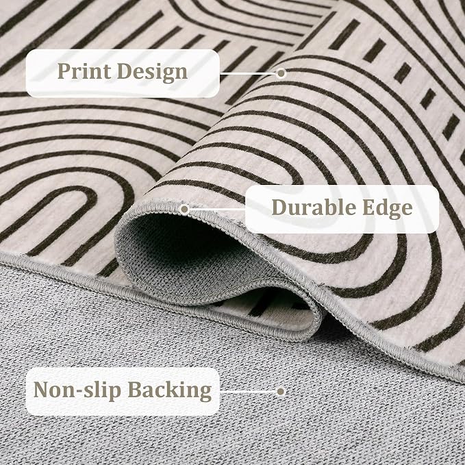 ROYHOME Modern Washable Rug Rainbow 3x5 Area Rugs for Living Room Non Slip | Abstract Rug for Bedroom, Throw Rugs with Rubber Back, Low Pile Stain Resistant Geometric Carpet for Playroom Dorm LightCamel