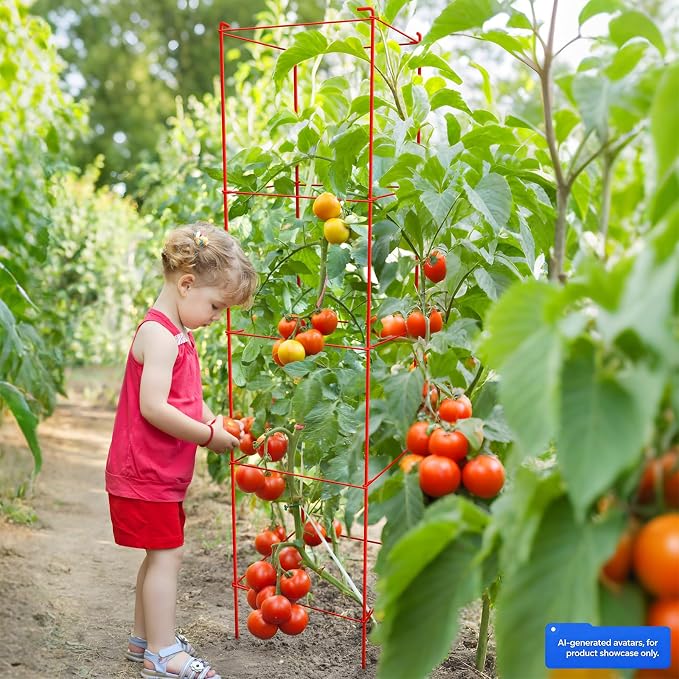 Thealyn Tomato Cages 6 Packs 57 Inches (H) Plant Stand with 164 Feet Twist Ties, Heavy Duty Garden Plants Support for Tomatoes, Cucumber, and Other Climbing Plants (Red)