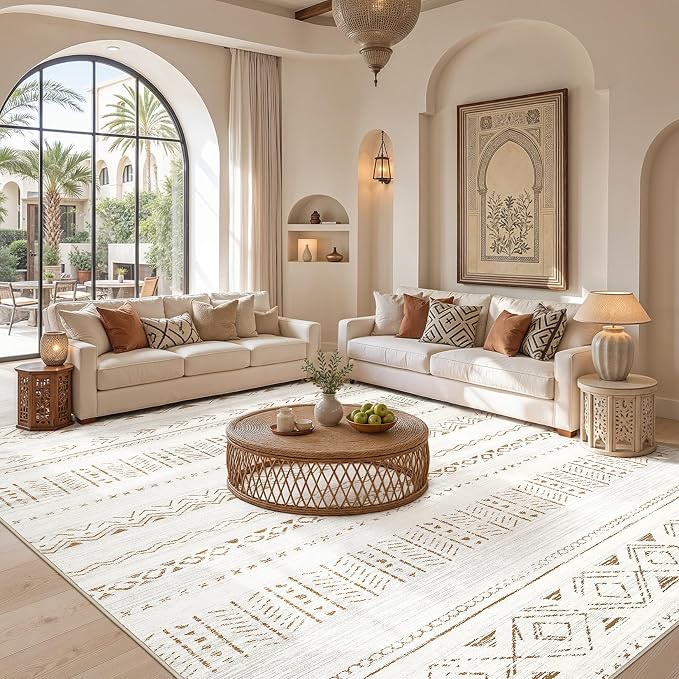 cotiled Boho 5x8 Area Rugs for Living Room: Soft Moroccan Washable Rug | Solve Modern Neutral Trendy Home Decor - Stain Resistan Indoor Carpet for Bedroom Dining Room Light Brown