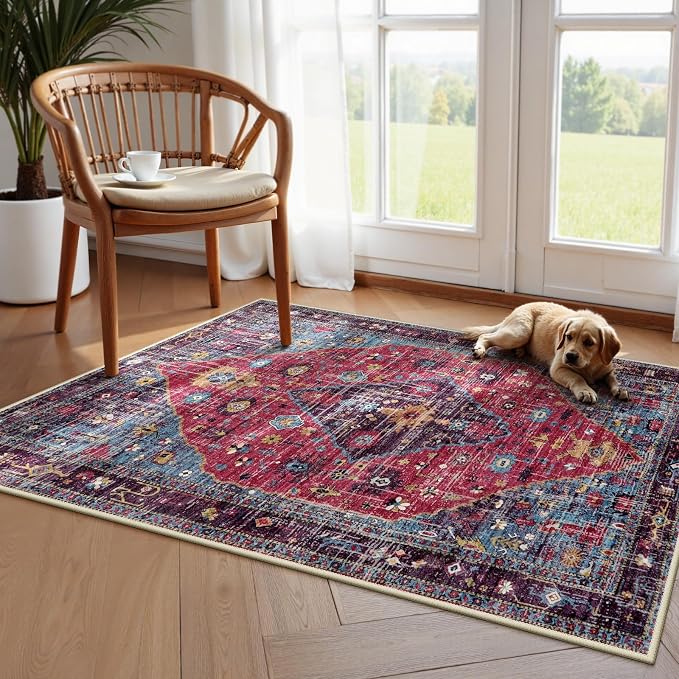 Lahome Felice Machine Washable Area Rugs 3x5, Soft Entryway Rug Oriental Kitchen Rugs, Small Vintage Soft Kid Pet Friendly Printed Indoor Accent Entry Carpet for Bathroom Front Door Decor, Hot Pink
