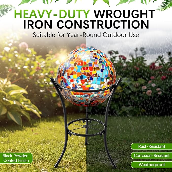 16" Tall Metal Bird Bath Stand, 2-Tier Wrought Iron Plant & Gazing Ball Stand with 6 Non-Slip Pads, Sturdy Multi-Use Flowerpot Holder for Outdoor Indoor Garden Patio
