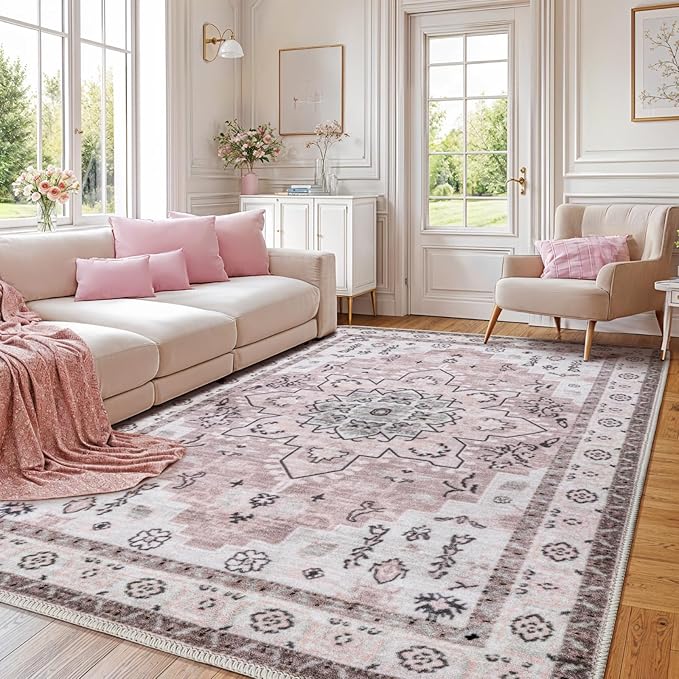 LBRO2M Machine Washable Rug Soft Pet Friendly Carpet 5X7 Pink | Persian Rug 5X7 for Living Room, Bedroom, Dining Room, Home Office, Non Slip Carpet, Foldable Stain Resistant Rugs