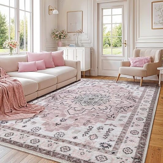 LBRO2M Machine Washable Rug Soft Pet Friendly Carpet 5X7 Pink | Persian Rug 5X7 for Living Room, Bedroom, Dining Room, Home Office, Non Slip Carpet, Foldable Stain Resistant Rugs