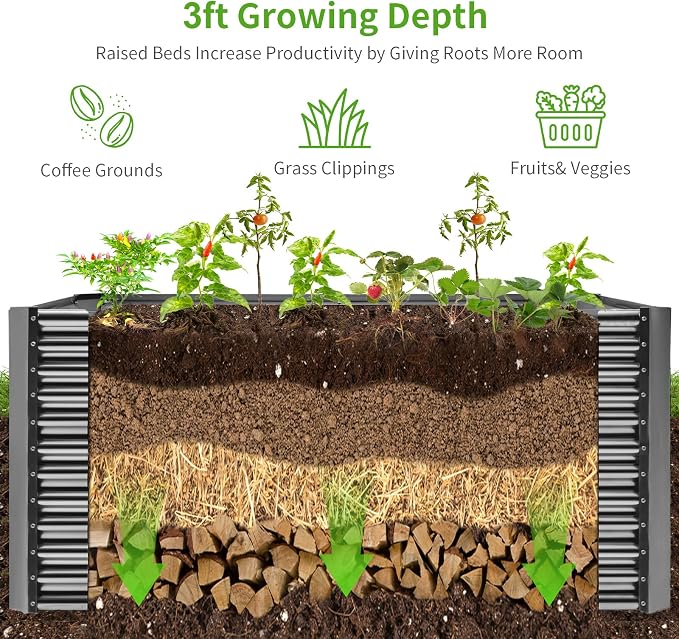 Land Guard 6x3x3ft Rectangular Galvanized Raised Garden Beds, Large-Capacity Metal Planter Box Outdoor, Durable Deep Raised Garden Bed 3ft Tall, Raised Beds for Gardening Vegetables, Modern Gray