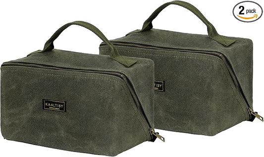 Canvas Tool Bag, Zippered Tool Pouch with Handle, 16 OZ Waxed Canvas Tool Storage Organizer | 2-Pack | 9.5"L x 10.5"W x 5.5"H (Opened) - Army Green