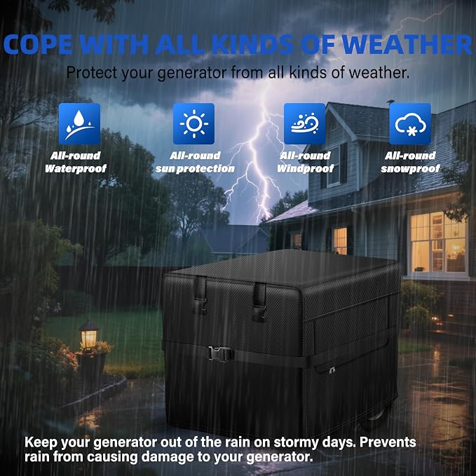 Generator Cover, 900D Heavy Duty Waterproof Fabric. 30L×30W×26H Inch Generator Covers While Running, with Windproof Strap Buckles. Fits most 6000-13000 watt Generators, Black.