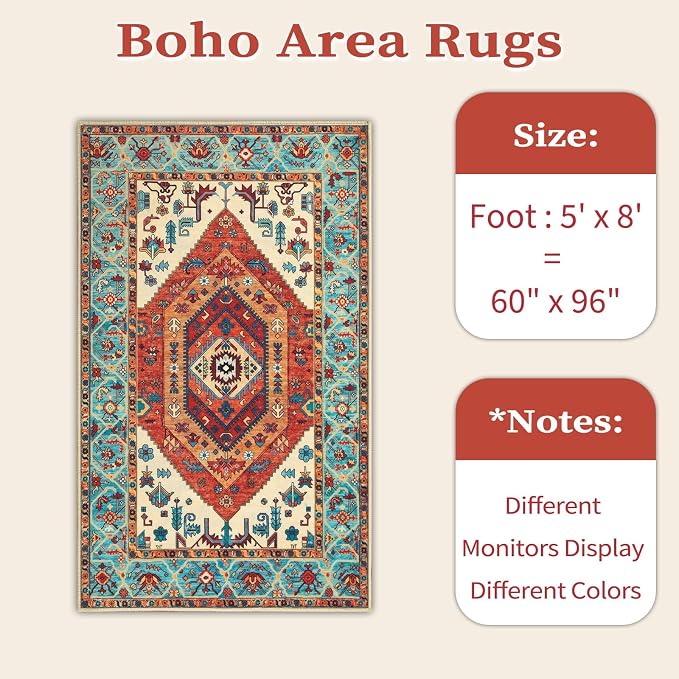 SERISSA 5x8 Washable Non Slip Boho Area Rug for Living Room，Orange | Ultra Soft Vintage Oriental Carpet Low-Pile Distressed Tribal Floor Carpet for Bedroom Dining Room Dorm Office Home Decor
