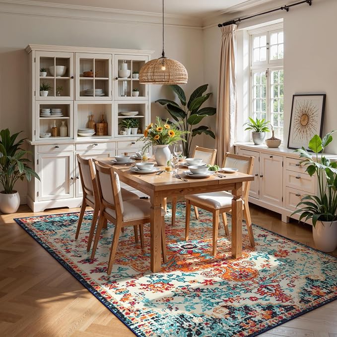 Lahome Reine Boho Rugs for Living Room 8x10, Washable Bedroom Area Rug Soft Low Pile Dining Room Rugs for Under Table,Vintage Non Slip Indoor Floor Carpet for Playroom Office (8x10 Orange)