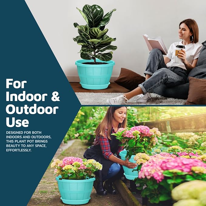 10-Inch Whiskey Barrel Planters Outdoor Pack of 25 - Durable Plastic Plant Pots for Indoor & Outdoor Use with Drainage & Saucer, Lightweight Rustic Barrel Planters for Flowers, Herbs & Small Plants