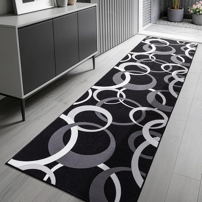 Washable 2x8 Hallway Runner Rug Non Slip, Black and White 8ft Rug Runners for Bathroom Kitchen Non Skid, Geometric Circle Modern Carpet Runner for Entryway Bedroom