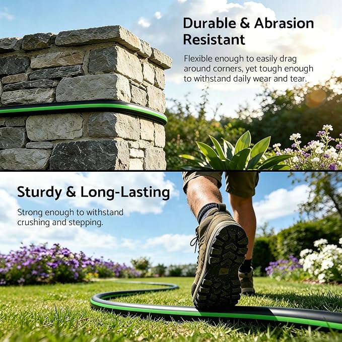 Heavy Duty Garden Hose 50 ft x 5/8", 5-Layer Hybrid Rubber Water Hose with 3/4" Swivel Brass Male to Female Fittings, 1000 PSI Burst, No-kink for Lawn, Backyard, Black & Green