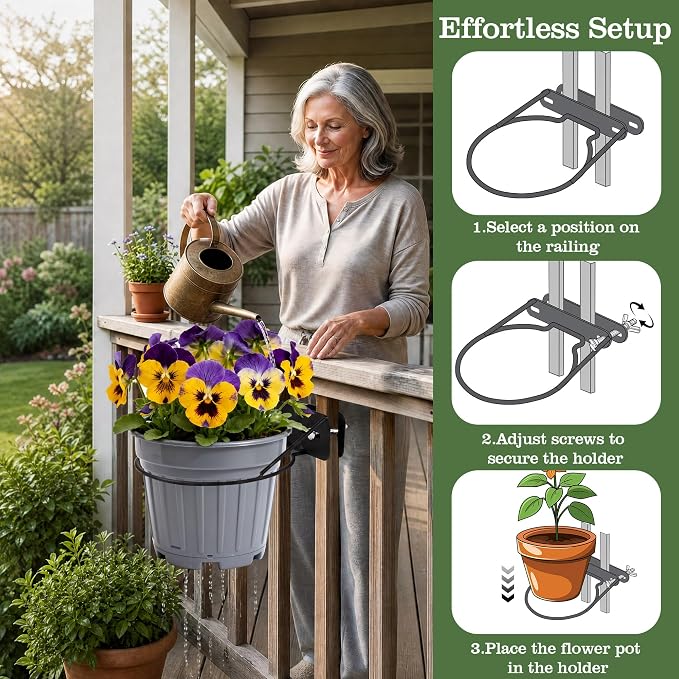 Adjustable Width Railing Plant Holder - 3pc Metal Railscapes Plant Holder Between Rails, 8.6 Inches Rustproof Plant Hangers for Railings Balcony or Stair